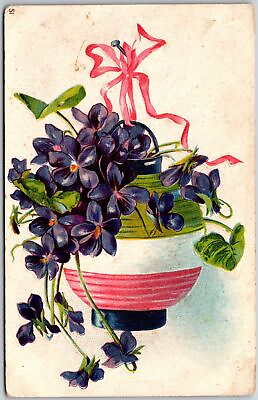 #ad #ad Flower in Vase Violets Red Ribbon Greetings Wishes Card Postcard $8.07