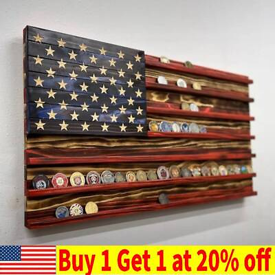 #ad Vintage American Flag Solid Wood Wall Mounted Challenge Coin Display Holder Rack $18.99