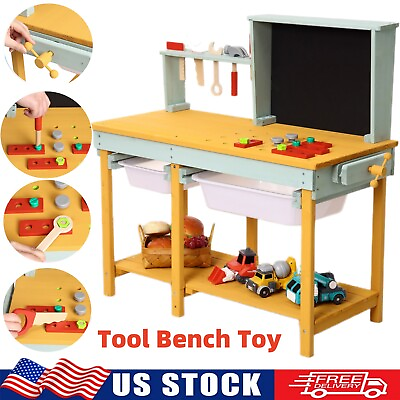 Wooden Tool Bench Pretend Play Toys for Kids Workbench Workshop with Tools Set $109.19