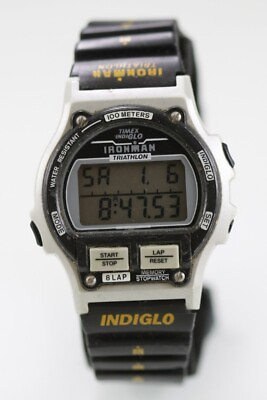 #ad Timex Ironman Watch Men Silver Black Plastic Light Alarm Chron Date 100m Quartz $34.95