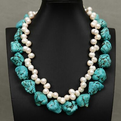2 Rows Natural White Keshi Rice Pearl Big Fancy Blue Turquoise Rough Necklace $26.99
