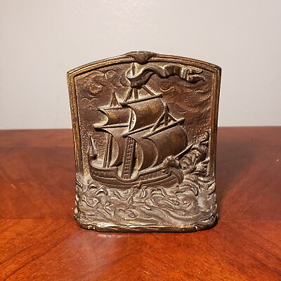 #ad Antique Heavy Cast Iron Gilded Sailing Ship Bookend $20.00
