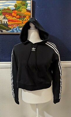 Adidas Trefoil Stripes Black Hooded Cropped Sweatshirt Sz XS Extra Small $34.95
