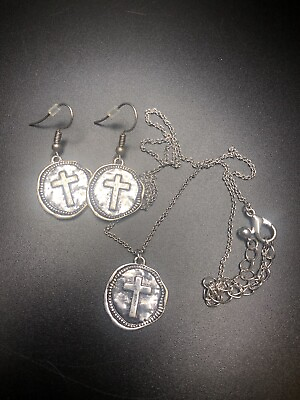 #ad Stamped Cross Seal Style Disc Pendant Necklace Earring Set Faith Silver Tone $15.00