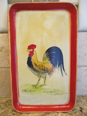 Hand Painted Mid Century 1950s Tole Rooster Paper Mache Country Kitchen Tray $19.80