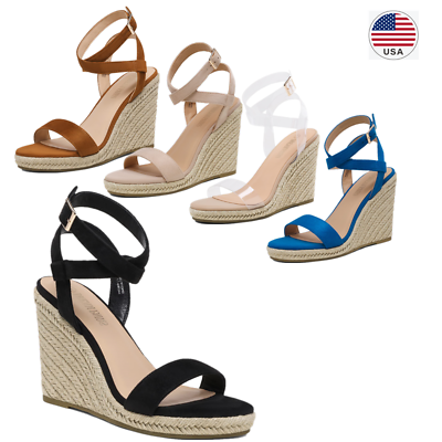 #ad Women Espadrilles Wedge Sandals Across Ankle Strap Open Toe Casual Wedge Sandals $25.99