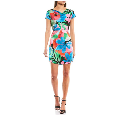 #ad Gianni Bini Tropical Spring Summer Multicolor Satin Contemporary Dress NWT Sz M $39.00