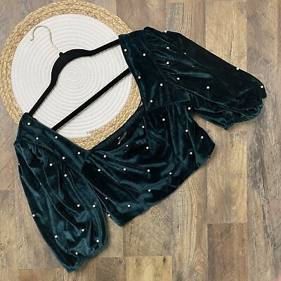 Urban Outfitters Green Velvet Pearl Crop Top Balloon Sleeves Womens Large $12.86