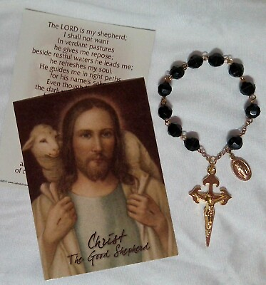 Jesus Lord Shepherd Holy Card Gold* Miraculous Medal Crucifix Black Rosary #70 $30.00