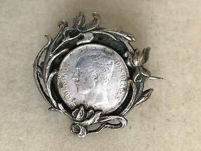 Unique French Antique Brooch 3cm Belgium coin in an Art Nouveau silver Frame $119.00