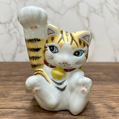 #ad Maneki Neko Beckoning Lucky Cat Kutani Ware Porcelain Golden Tabby Right Big Paw $104.50
