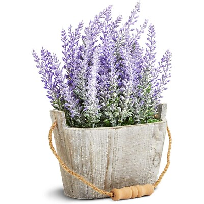#ad Artificial Lavender Fake Flower Plant in Rustic Oval Wooden Box for Decorations $14.99