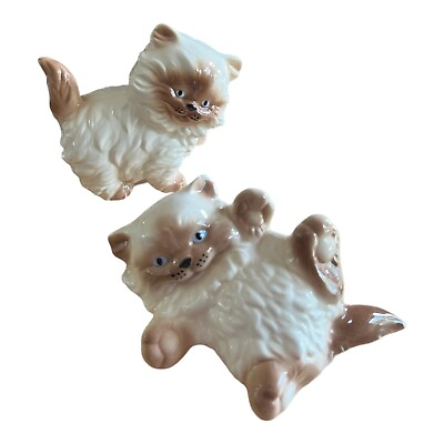 #ad Vinatge Ceramic Brown White Fluffy Kittens Black Eyes Set Of 2 Playful Signed $14.99