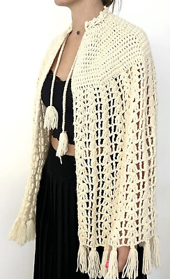 Vintage Hand Knit Shawl Cream With Fringe Boho Hippy Chick Excellent Handmade $20.89