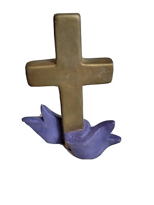 #ad Vintage Figurine Religious Cross Ceramic Ribbon Christian VTG Decor $8.44