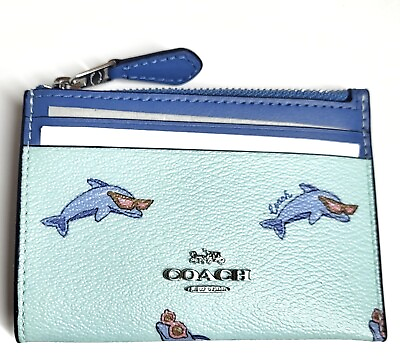 Coach Mini Skinny ID Case in Dolphin Print Silver Blue Multi Smooth Leather NWT #ad $68.00