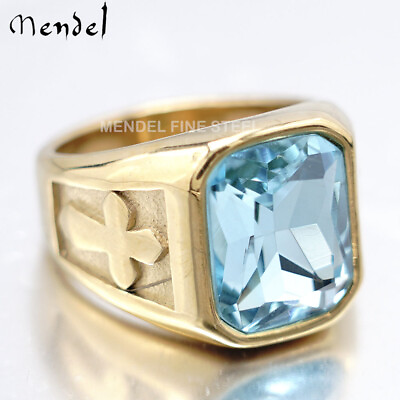 MENDEL Mens Gold Plated Cross Blue Aquamarine Stone Ring Men S Steel Size 7 15 $12.99