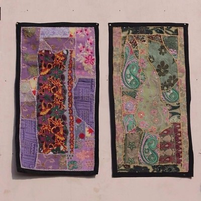 2 Pc Wall Hanging Vintage Embroidery Handmade Tapestry Patchwork Decor PV 96 $110.97