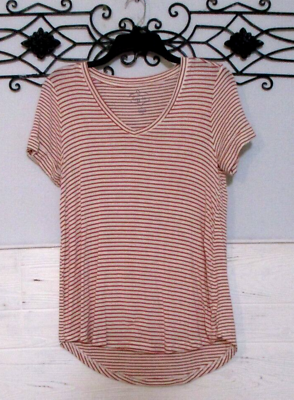 #ad Pink Rose Women#x27;s Knit Top Size M Short Sleeve Multicolored Striped V Neck $9.86
