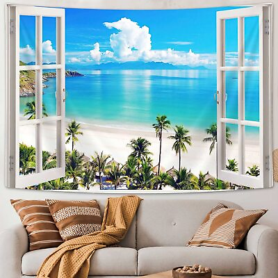 #ad Ocean Beach Window Sky Cloud Extra Large Tapestry Wall Hanging Fabric Room Decor $13.36