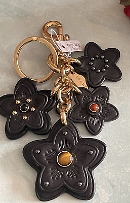 Coach Wildflower Mix Bag Charm Keychain Gold Black Multi Smooth Leather New 5136 $89.00