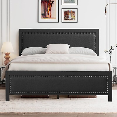 #ad VECELO Twin Full Queen Size Bed Frame Metal Platform with Upholstered Headboard $107.99