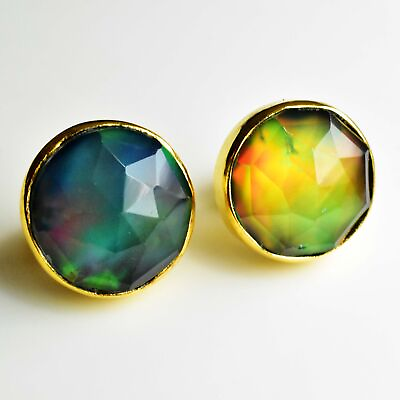 #ad 10 MM Natural Black Fire Opal 925 Sterling Silver Gold Plated Earring $42.49