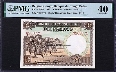 #ad 1942 Belgian Congo Banque du Congo Belge 10 Francs Pick#14Ba PMG 40 RARE $399.00