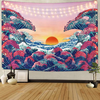 #ad Ocean Wave Tapestry Wall Hanging Colorful Sea with Sun Sunset Tapestry3D the G $7.99