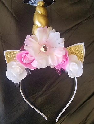 #ad NWT UNICORN GOLD PINK Flower Roses Childs Lace Headband Halloween Dress Up $7.95