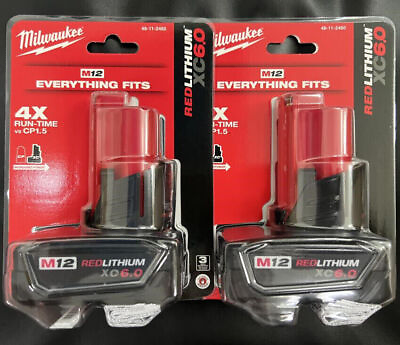 #ad 2 Pack Milwaukee 48 11 2460 M12 REDLITHIUM 6.0 Compact Battery Genuine $65.56