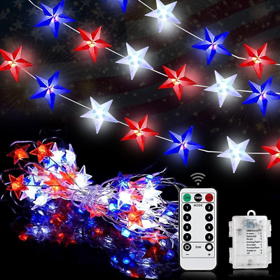 #ad 2 Pack Red White Blue Star Lights Remote Timer Battery Operated USA Flag Patriot $26.53