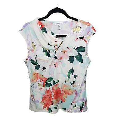 #ad Calvin Klein Womens Sz L Multicolor Floral Cap Sleeve Blouse $8.99