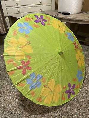 Tropical Green Hibiscus Bamboo Wood Parasol Umbrella Floral $27.54