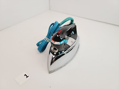 #ad Vintage GE General Electric Chrome Steam Iron H7 F63 w Turquoise Blue Wire $35.00