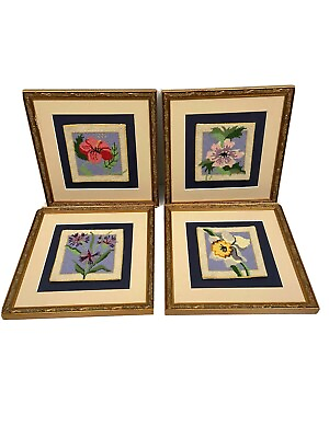 4 Vintage Needlepoint Embroidered Flowers Wall Art Floral Cottage Shabby Garden $44.80