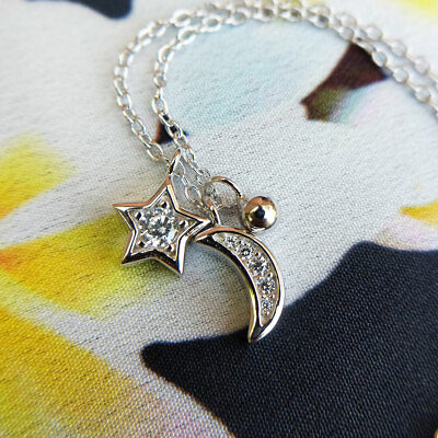 #ad Sterling Silver Celestial Charm Necklace with Cubic Zirconia Crescent Moon Star GBP 38.00