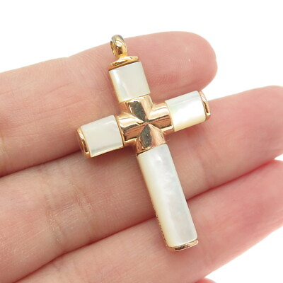 #ad 925 Sterling Silver Gold Plated Real Mother of Pearl Cross Pendant $48.99