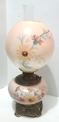 #ad Antique Brass Fostoria Glass Co. Hand Painted Floral Oil Lamp Pink double light $250.00