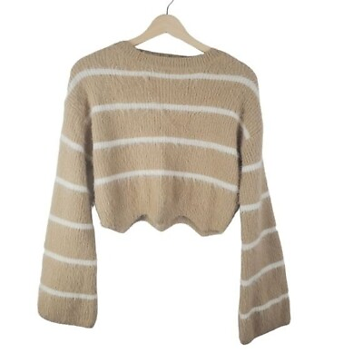 #ad Gianni Bini Sweater Womens XS Tan Cream Cropped Stripe Knit Bell Sleeve $28.79