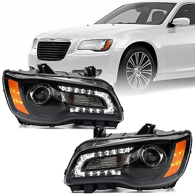 #ad 2P Headlights For 2011 2014 Chrysler 300 Black LED DRL Halogen Healamp Assembly $207.99