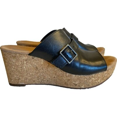 #ad Clarks Womens Annadel Holly Black Leather Sandal Size 9 Cork Wedge Platform $35.95
