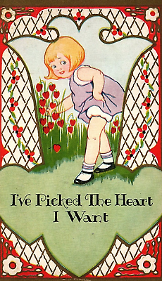 #ad 1905 VALENTINES CUTE GIRL PICKING HEART SHAPED FLOWERS UNDIVIDED POSTCARD 44 149 $13.53