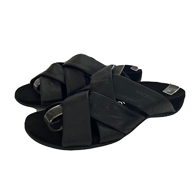 #ad Vionic Women Sandals Juno Size 7 Black Leather Slip On Orthotic Criss Cross $40.50