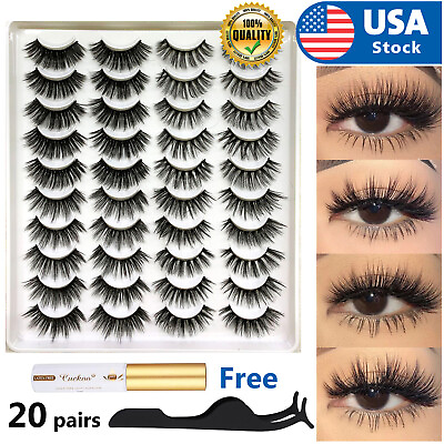 USA 20 Pair 3D Natural Bushy Cross False Eyelashes Mink Hair Eye Lashes Black $12.98