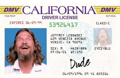 #ad quot;THE DUDEquot; ID CARD Big Lebowski Drivers License CA California Movie Prop $6.95