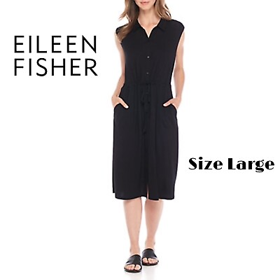 #ad $199 Eileen Fisher Knee Length Classic Collar Shirt Dress Black Size L Pockets $99.00