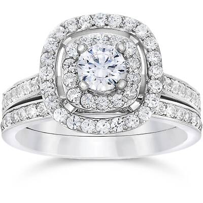 #ad 1 1 2ct Double Cushion Halo Real Diamond Engagement Wedding Ring Set White Gold $1624.99