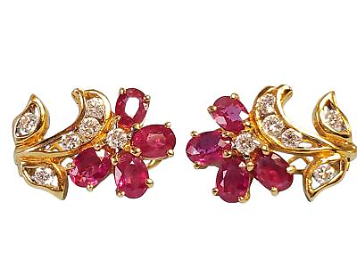 #ad 18k Yellow Gold Flower Earrings with VS Diamonds and Oval Rubies $795.00