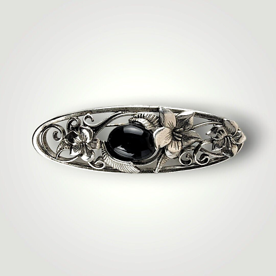 Art Nouveau Silver Tone Brooch Pin With Black Cabochon Unsigned $14.50